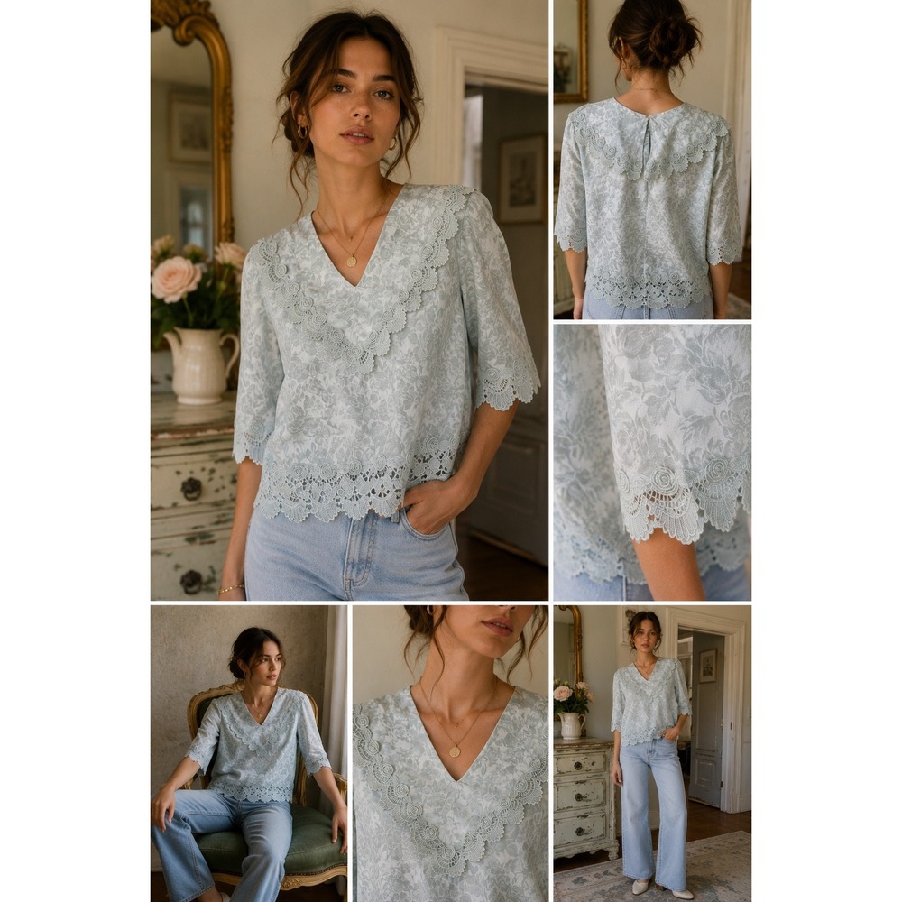 Vintage Light‎ Blue Floral Lace Blouse – Silk Blend – Size 14 Made in USA
